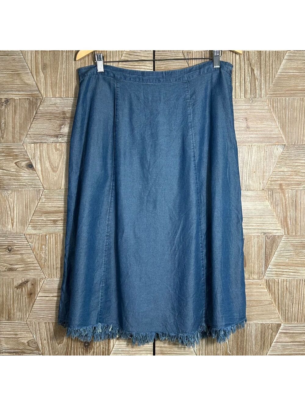 Downeast Retro Blue Modest Midi Boho Skirt Large Button Front Fringe Raw Hem - Picture 5 of 10